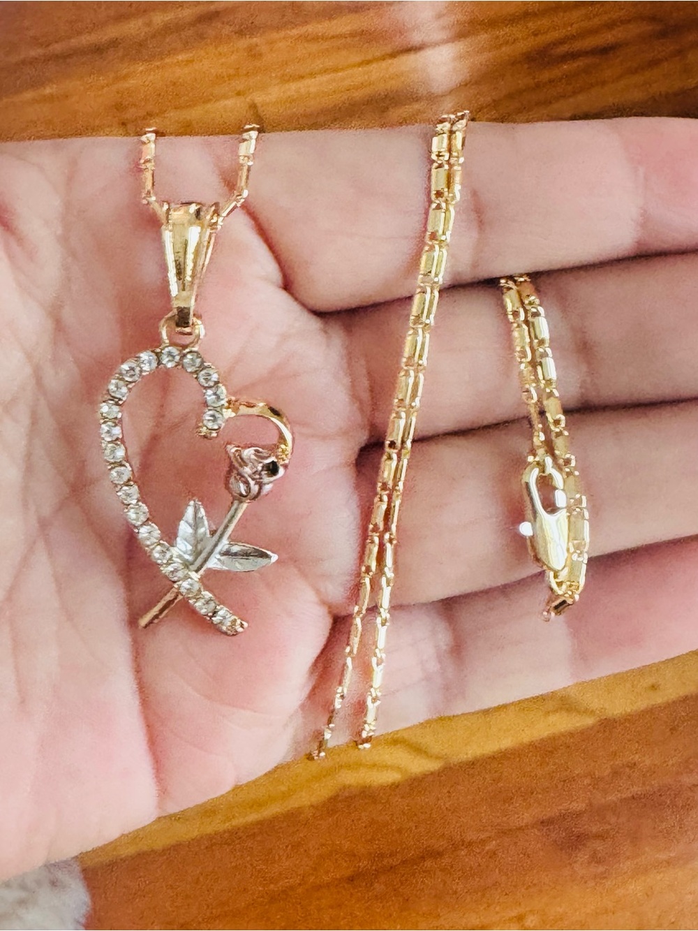 14K Gold Plated Heart & Rose Pendant Necklace with Crystal Accents. New